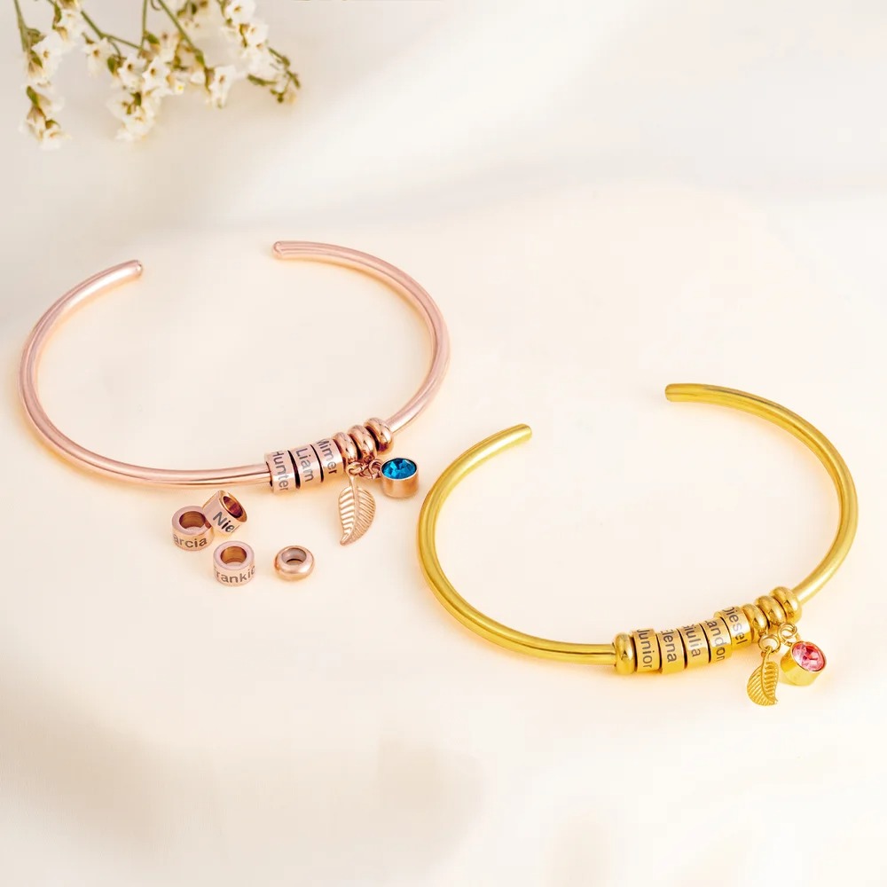 Open Bangle Bracelet with Custom Name Beads