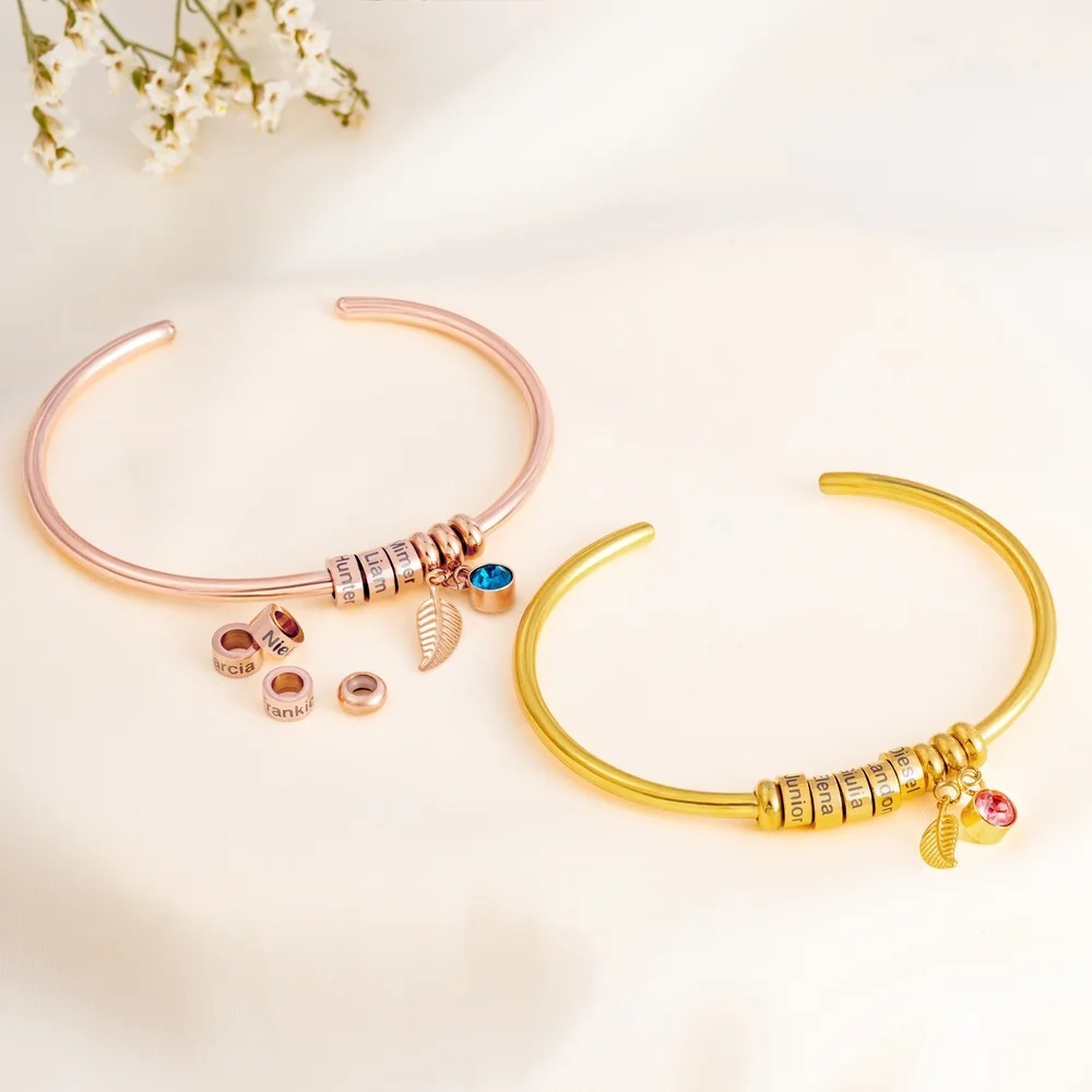 Open Bangle Bracelet with Custom Name Beads