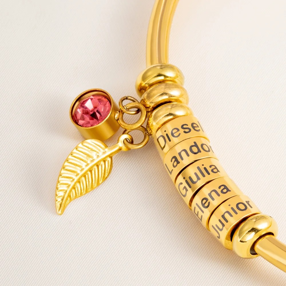 Open Bangle Bracelet with Custom Name Beads