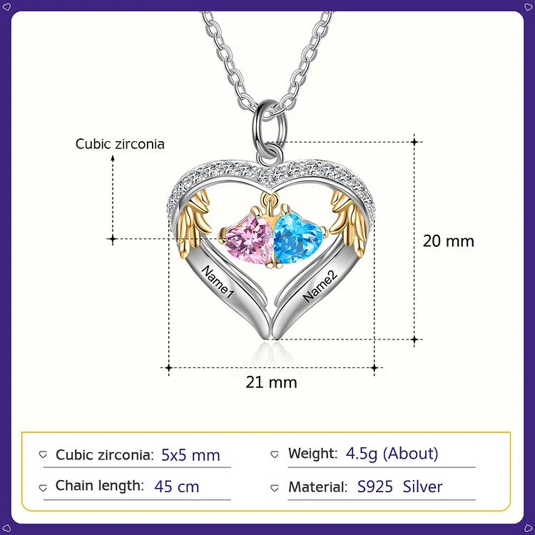 Personalized Diamond Heart Necklace with 2 Birthstones Wings Necklace