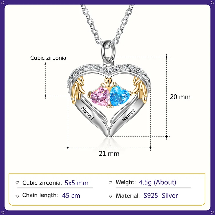 Personalized Diamond Heart Necklace with 2 Birthstones Wings Necklace