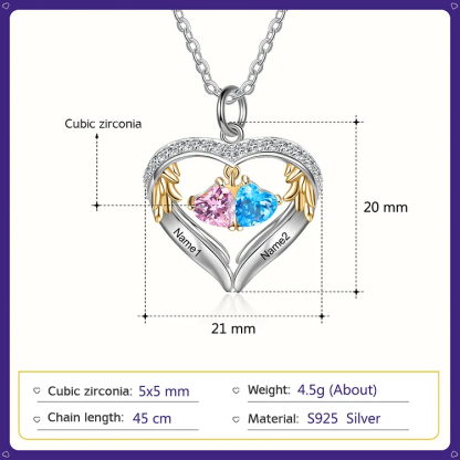 Personalized Diamond Heart Necklace with 2 Birthstones Wings Necklace