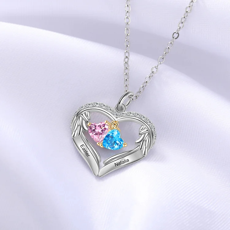 Personalized Diamond Heart Necklace with 2 Birthstones Wings Necklace