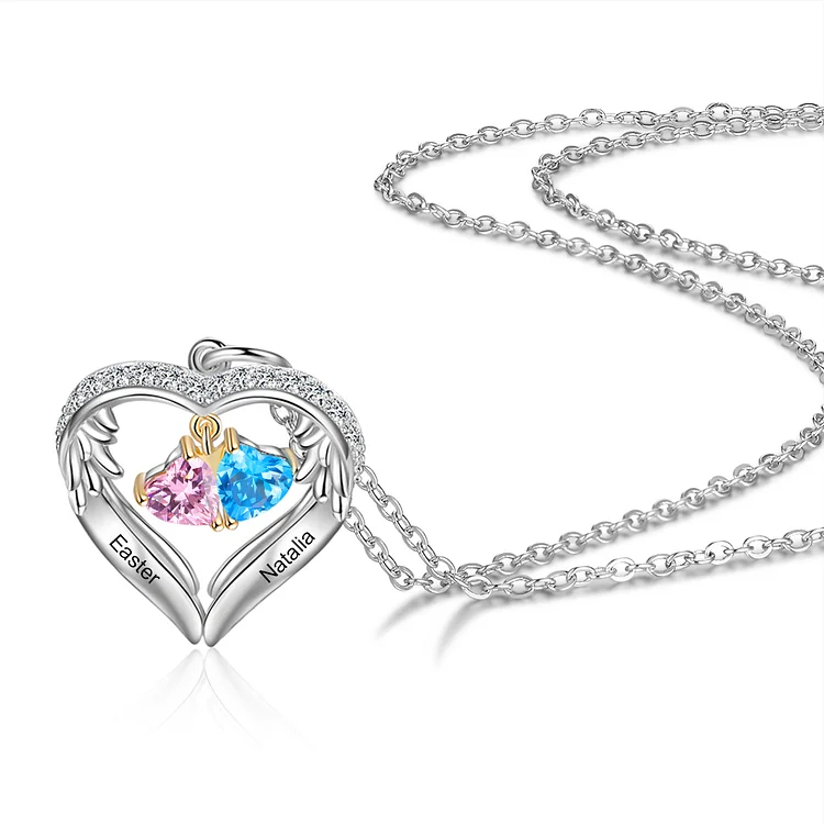 Personalized Diamond Heart Necklace with 2 Birthstones Wings Necklace