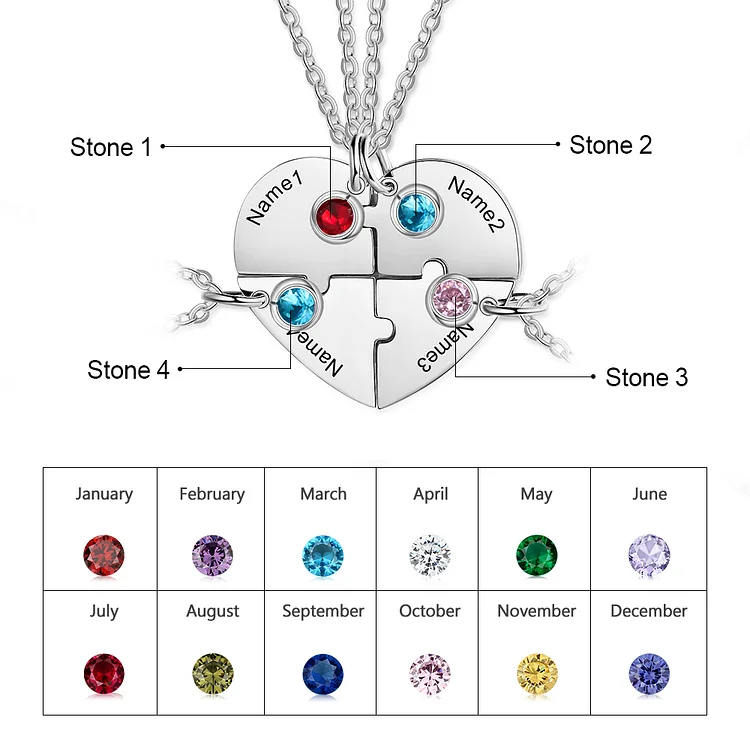 Personalized Heart Puzzle Necklace Custom Birthstones Family Necklace