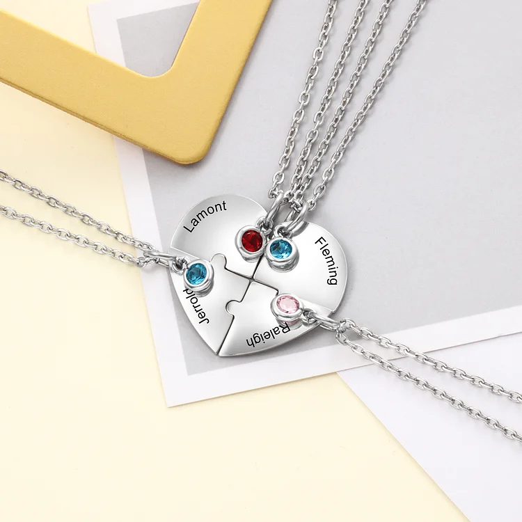 Personalized Heart Puzzle Necklace Custom Birthstones Family Necklace