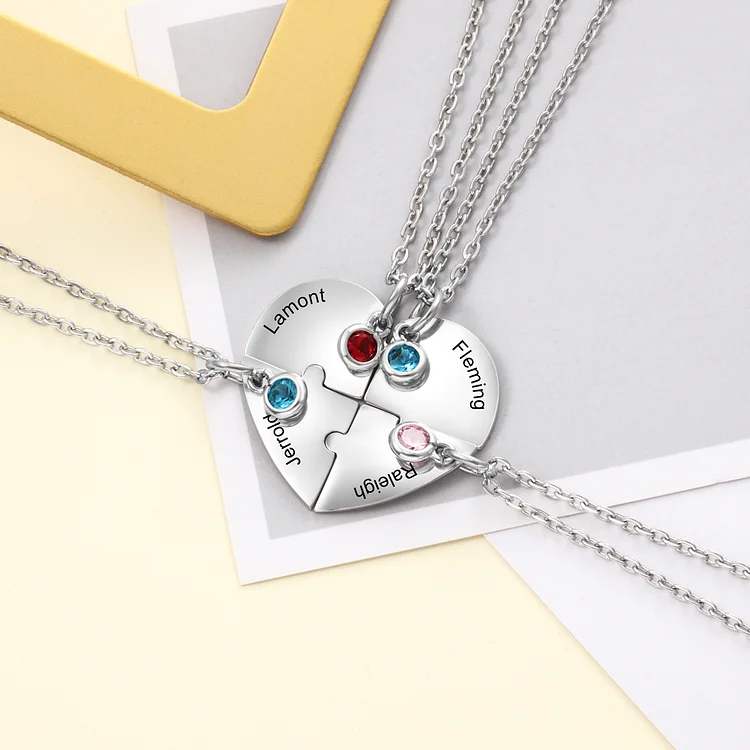 Personalized Heart Puzzle Necklace Custom Birthstones Family Necklace