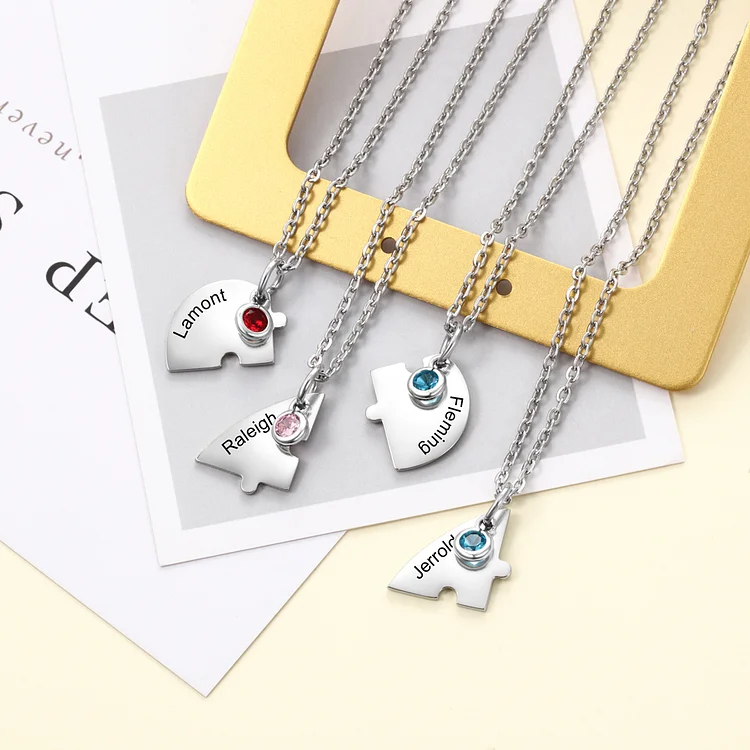Personalized Heart Puzzle Necklace Custom Birthstones Family Necklace