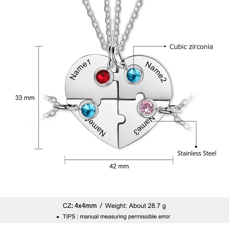Personalized Heart Puzzle Necklace Custom Birthstones Family Necklace