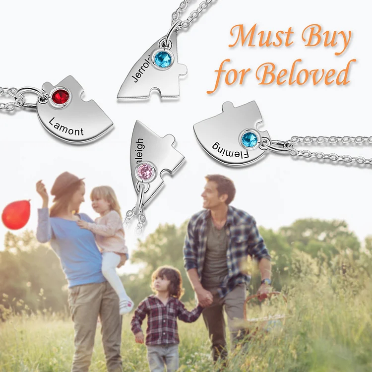 Personalized Heart Puzzle Necklace Custom Birthstones Family Necklace
