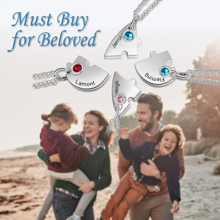 Personalized Heart Puzzle Necklace Custom Birthstones Family Necklace