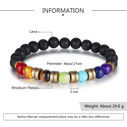 Personalized Men 7 Chakra Bracelet Engraved 4 Names Natural Volcanic Stone