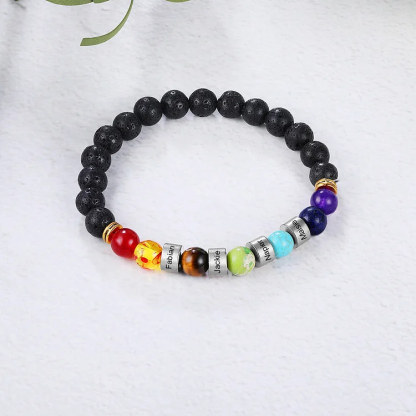 Personalized Men 7 Chakra Bracelet Engraved 4 Names Natural Volcanic Stone