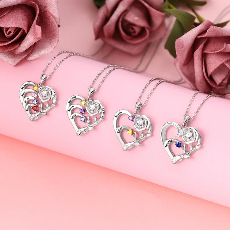 Personalized Mother Rose Intertwined Heart Pendant Necklace