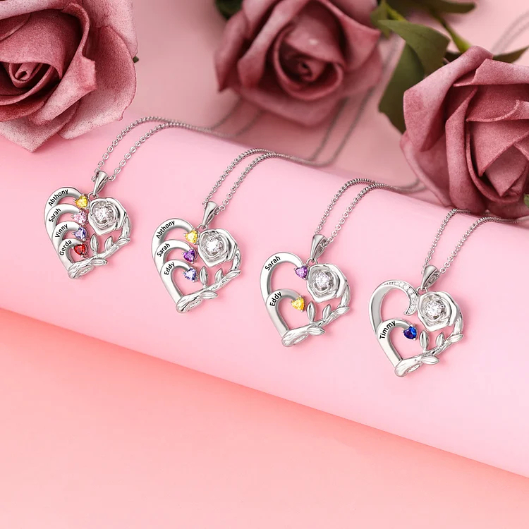 Personalized Mother Rose Intertwined Heart Pendant Necklace