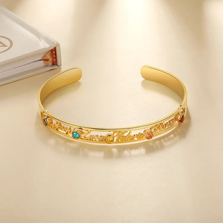 Personalized Name Bangle Bracelet Custom 4 Names and 5 Birthstones Bracelet