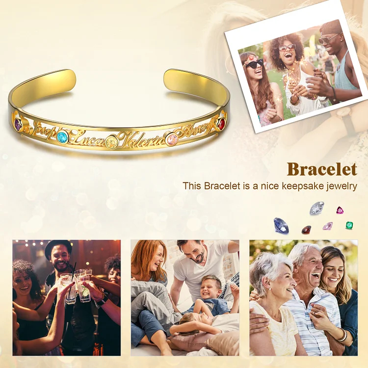 Personalized Name Bangle Bracelet Custom 4 Names and 5 Birthstones Bracelet