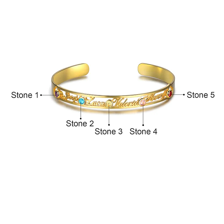 Personalized Name Bangle Bracelet Custom 4 Names and 5 Birthstones Bracelet