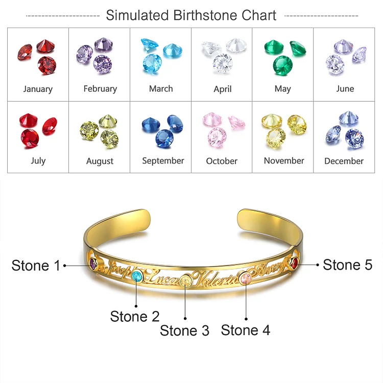 Personalized Name Bangle Bracelet Custom 4 Names and 5 Birthstones Bracelet