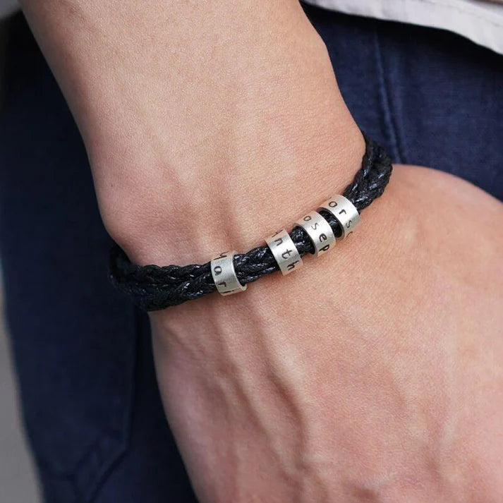 Father's Day Gift Braided Leather Bracelet with Small Custom Beads