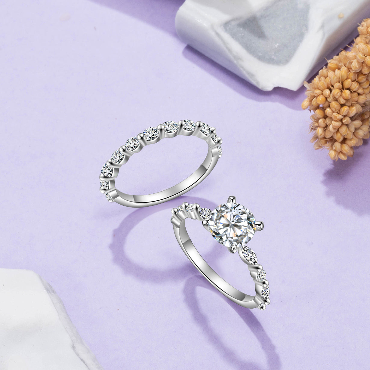 Round Cut Moissanite Diamond Ring Engagement Ring Set