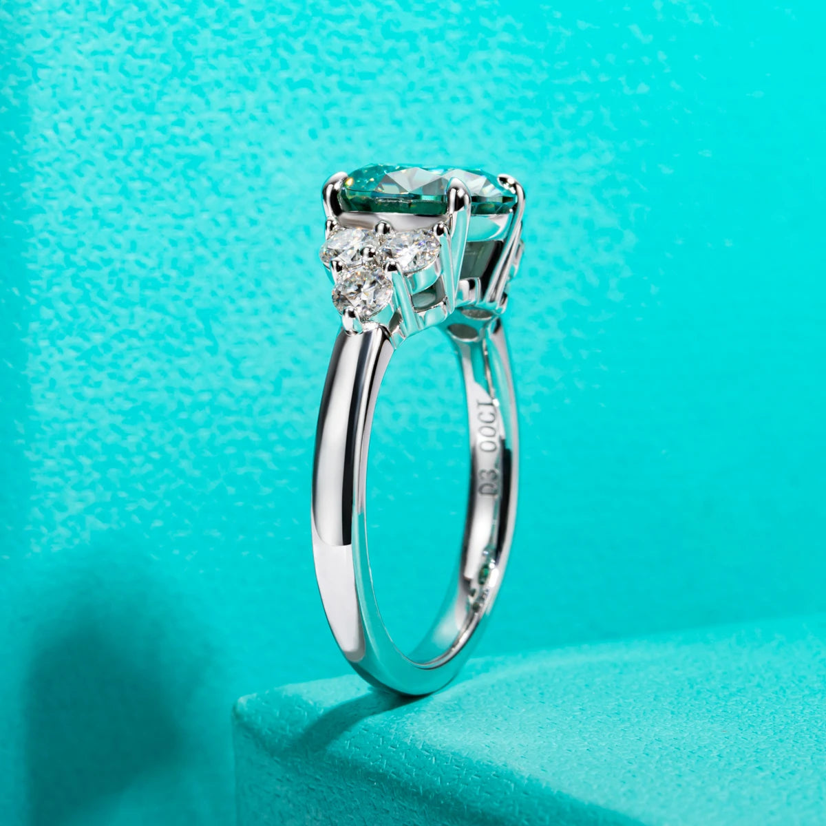 Green Moissanite Side Stone Engagement Ring