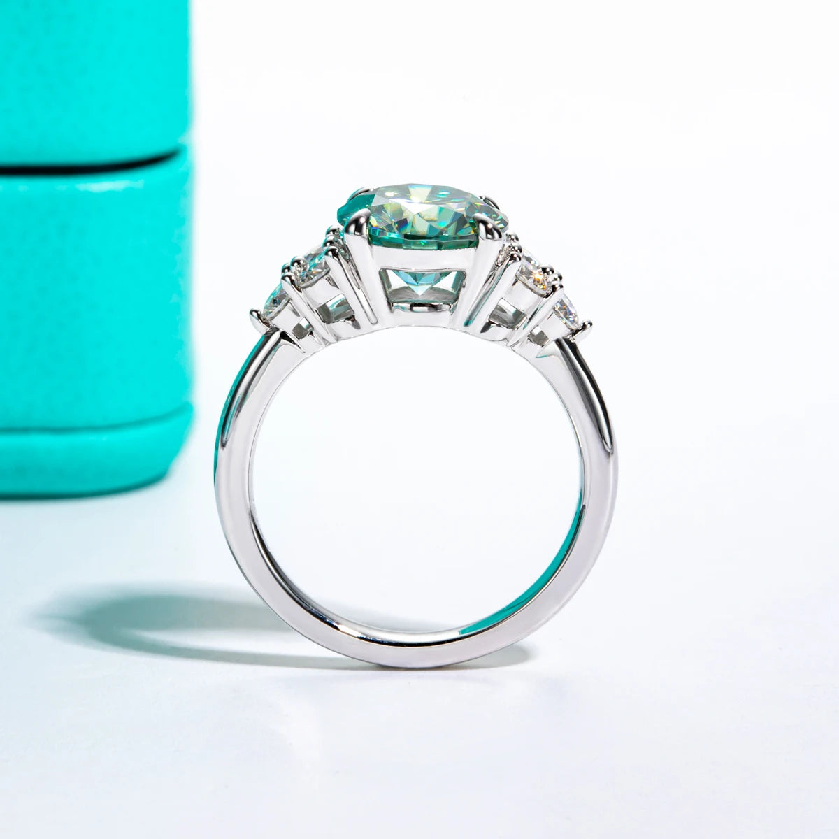Green Moissanite Side Stone Engagement Ring