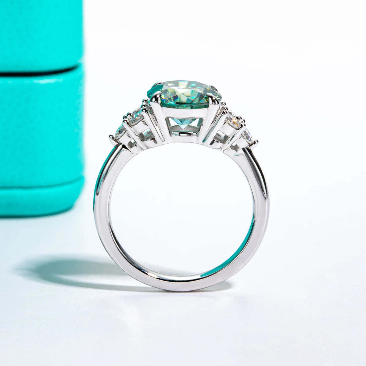 Green Moissanite Side Stone Engagement Ring