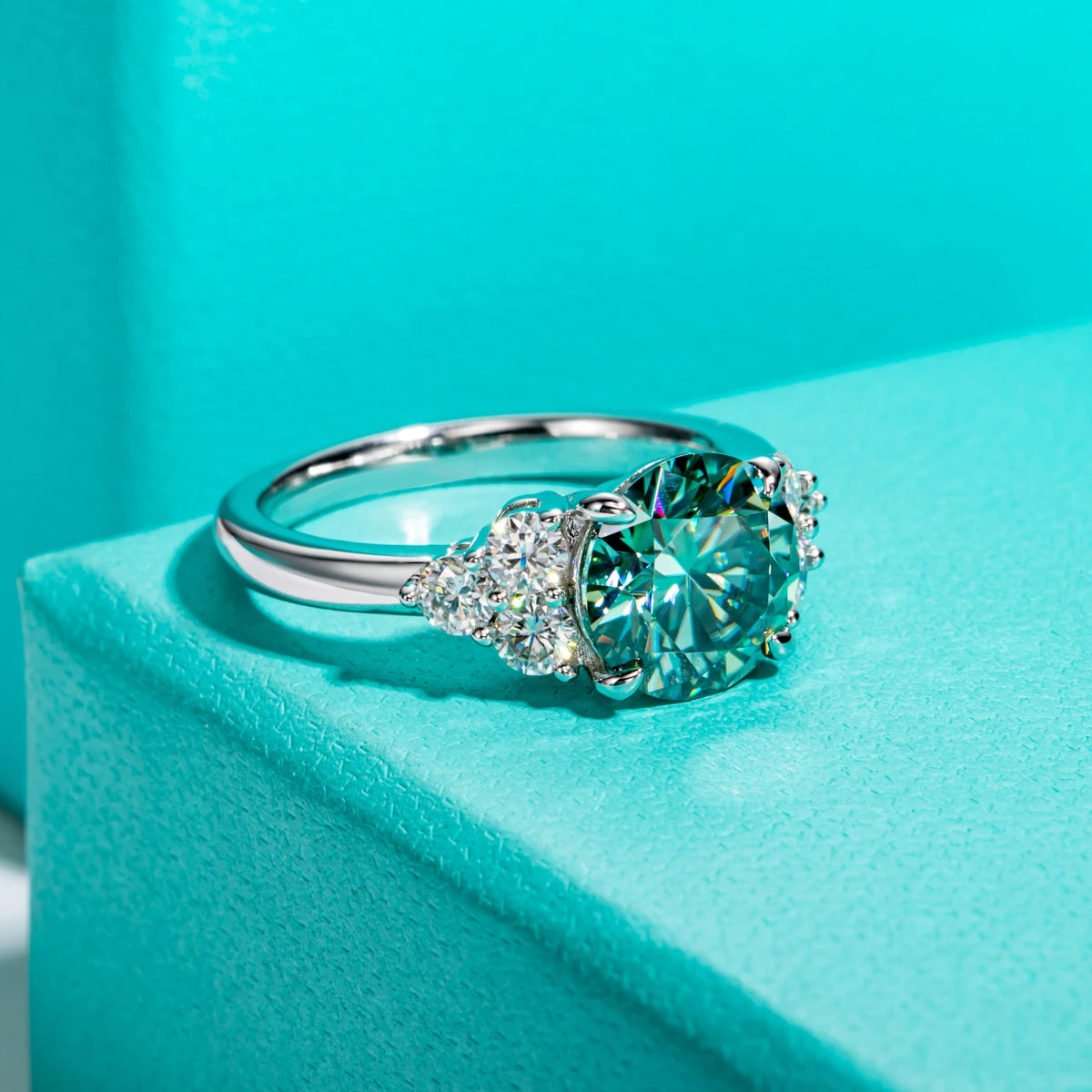 Green Moissanite Side Stone Engagement Ring