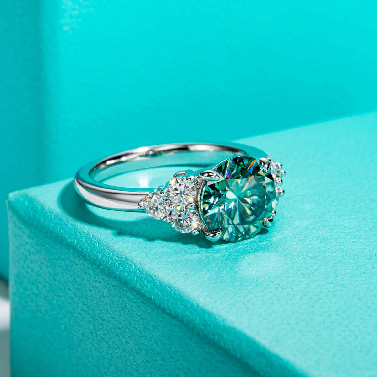 Green Moissanite Side Stone Engagement Ring