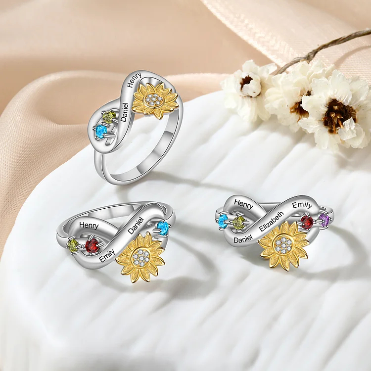 Sunflower Ring Personalized 2 Birthstones Promise Ring for Her