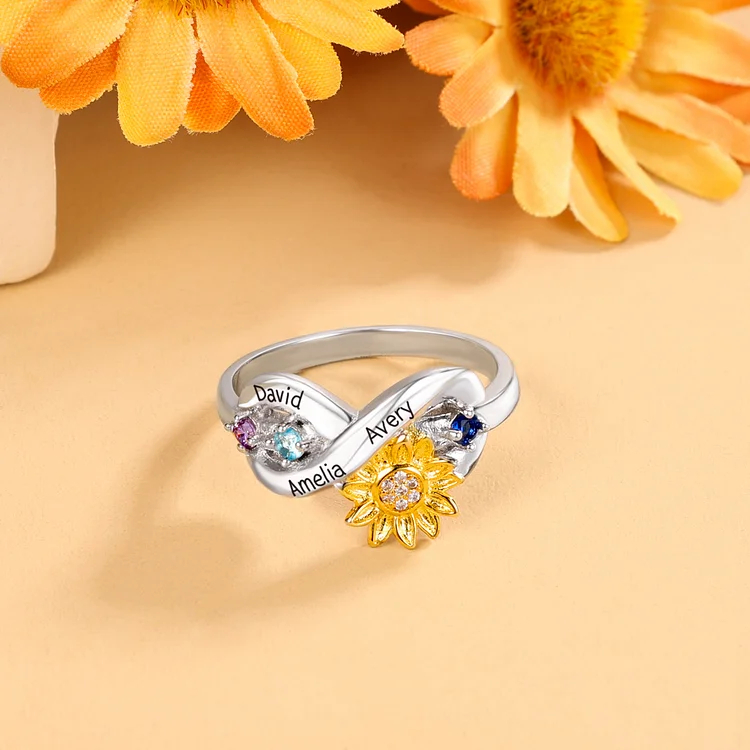 Sunflower Ring Personalized 2 Birthstones Promise Ring for Her