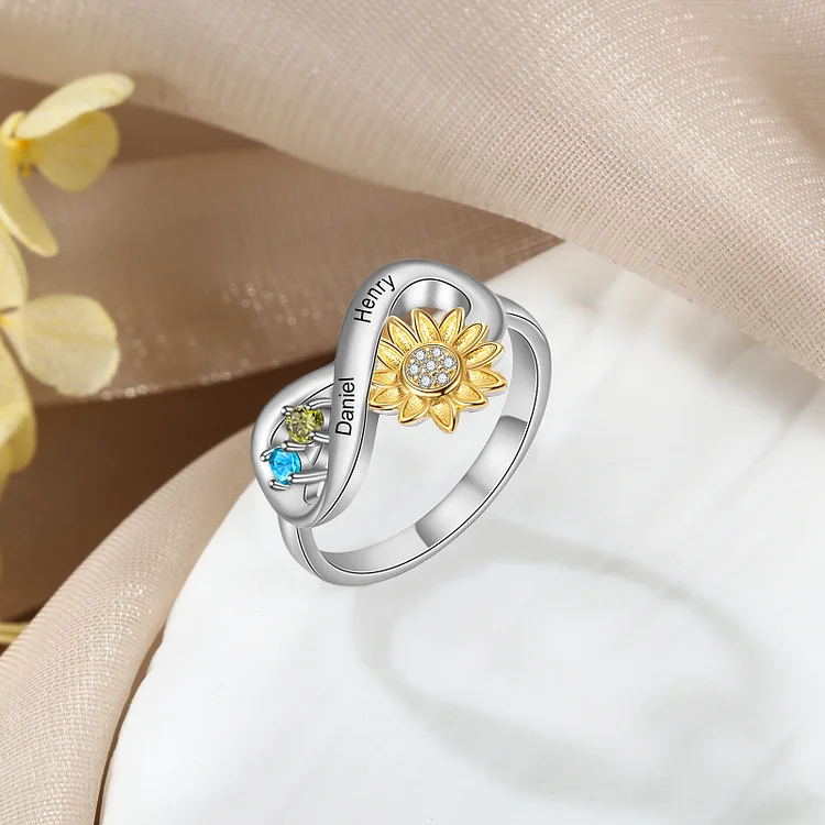 Sunflower Ring Personalized 2 Birthstones Promise Ring for Her