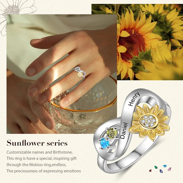 Sunflower Ring Personalized 2 Birthstones Promise Ring for Her