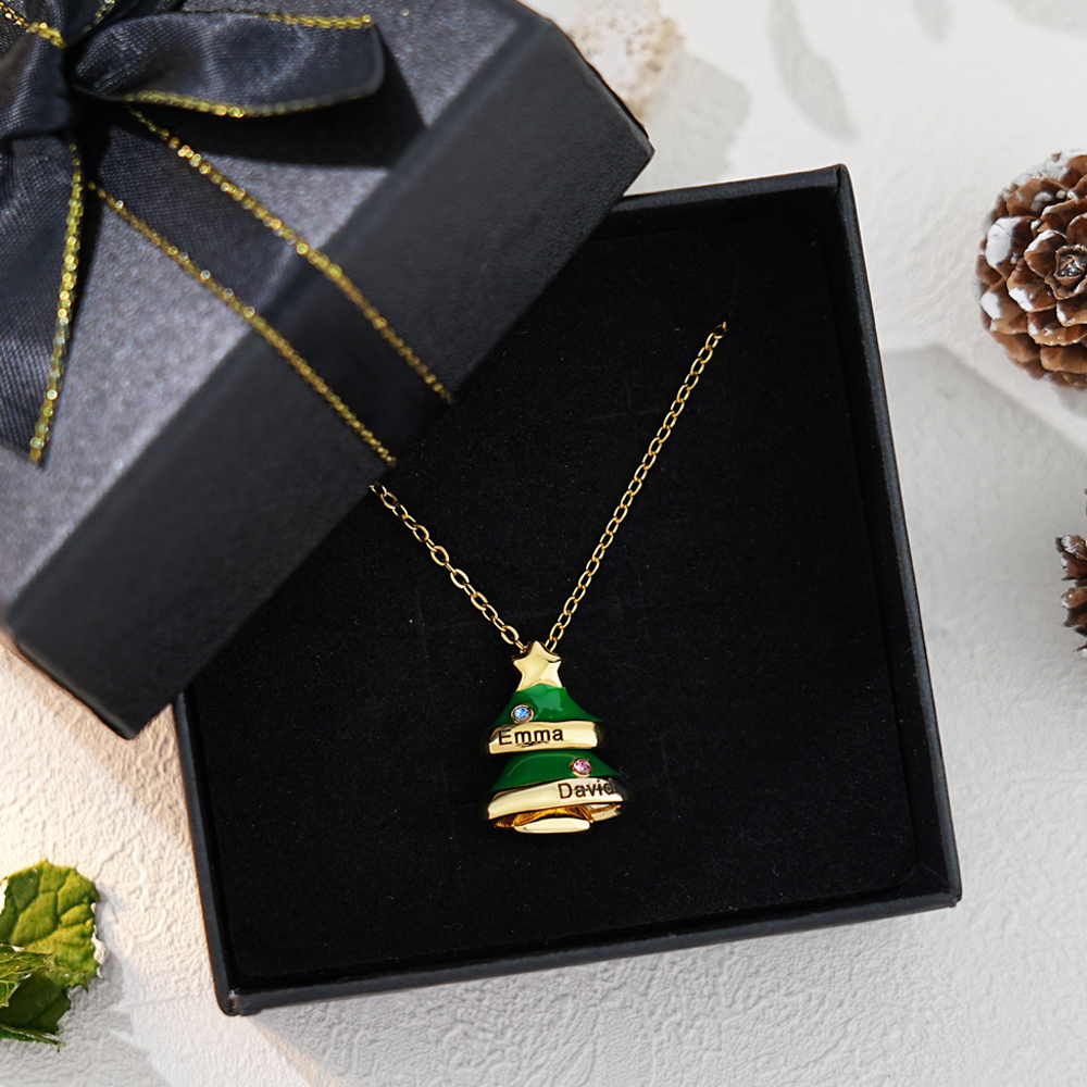 Christmas Tree Custom Name Birthstones Necklace Earring Set