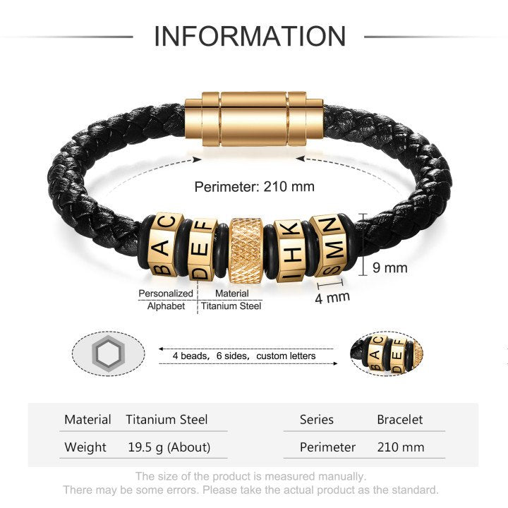 Meaningful Gift Men's Leather Bracelet with Beads Engraved