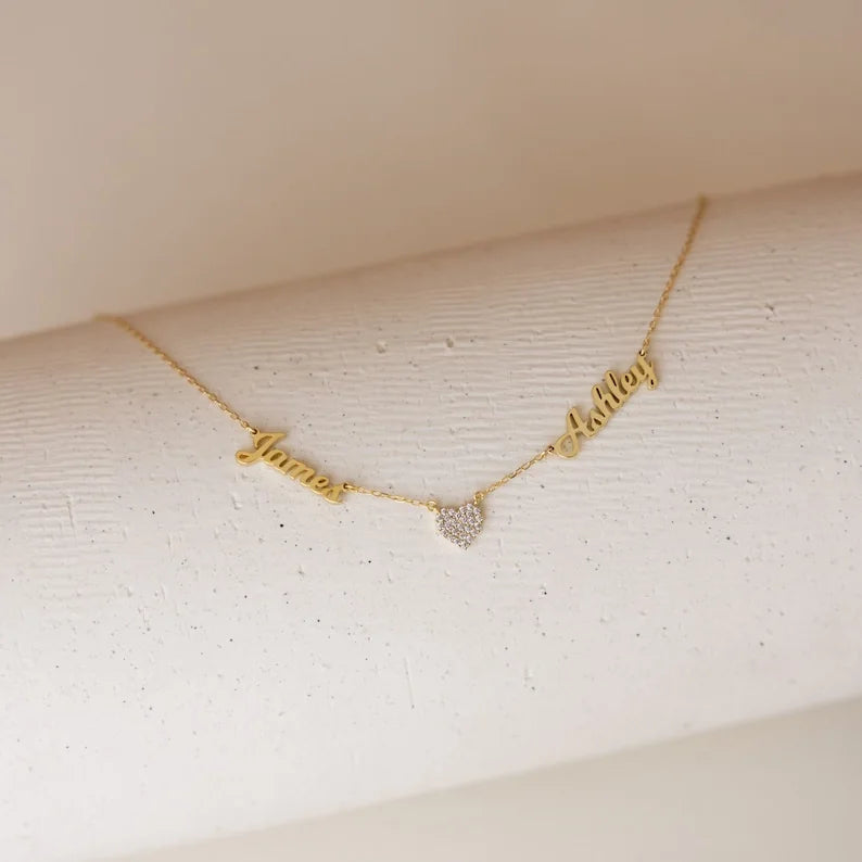 Christmas Gift Custom Name & Pave Heart Charm Necklace