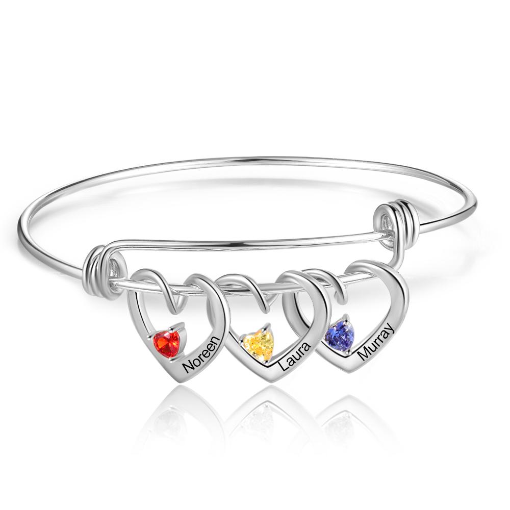 Mother's Day Gift Heart Pendants Bangle Bracelet with 3 Names and Birthstones Gifts for Mom