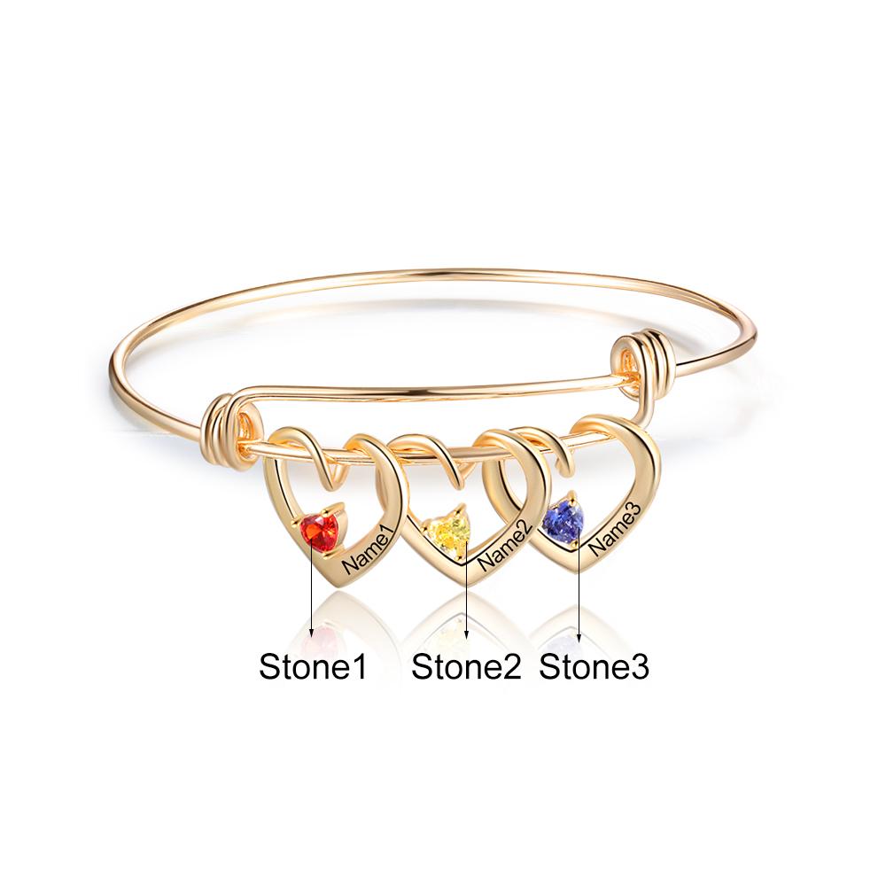 Mother's Day Gift Heart Pendants Bangle Bracelet with 3 Names and Birthstones Gifts for Mom