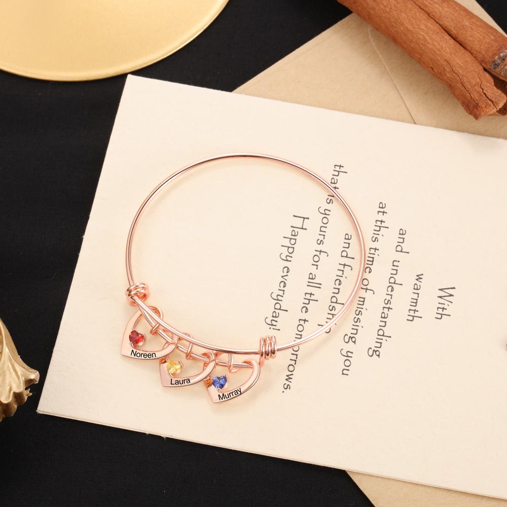 Mother's Day Gift Heart Pendants Bangle Bracelet with 3 Names and Birthstones Gifts for Mom