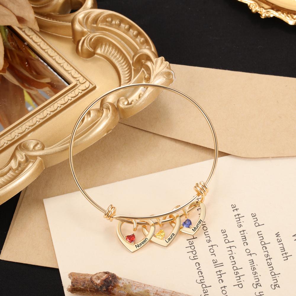 Mother's Day Gift Heart Pendants Bangle Bracelet with 3 Names and Birthstones Gifts for Mom