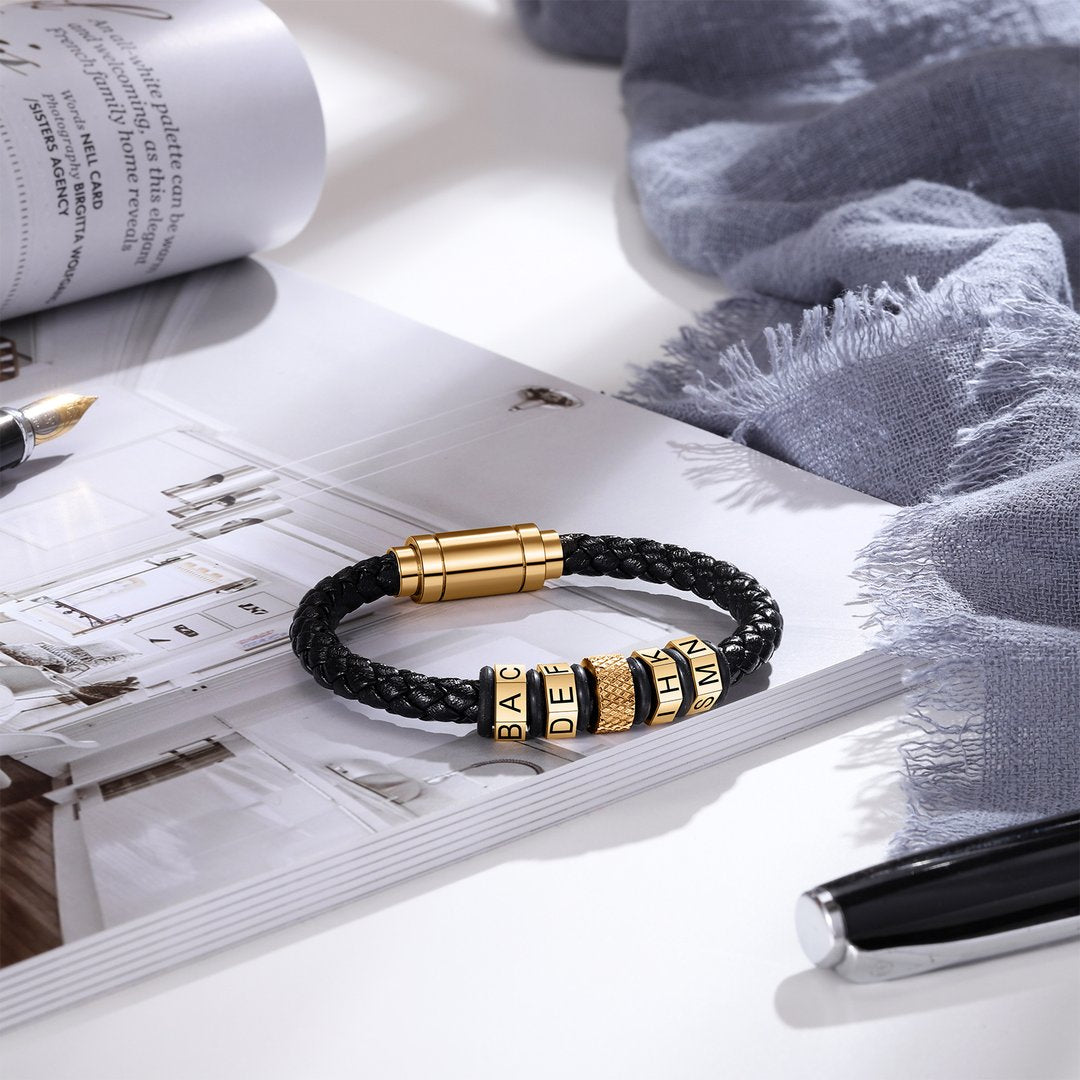 Meaningful Gift Men's Leather Bracelet with Beads Engraved