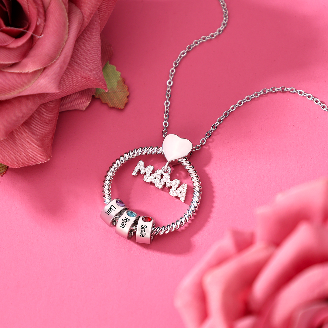 Personalized Circle Pendant Necklace Custom 1-8 Names & Birthstones Necklace