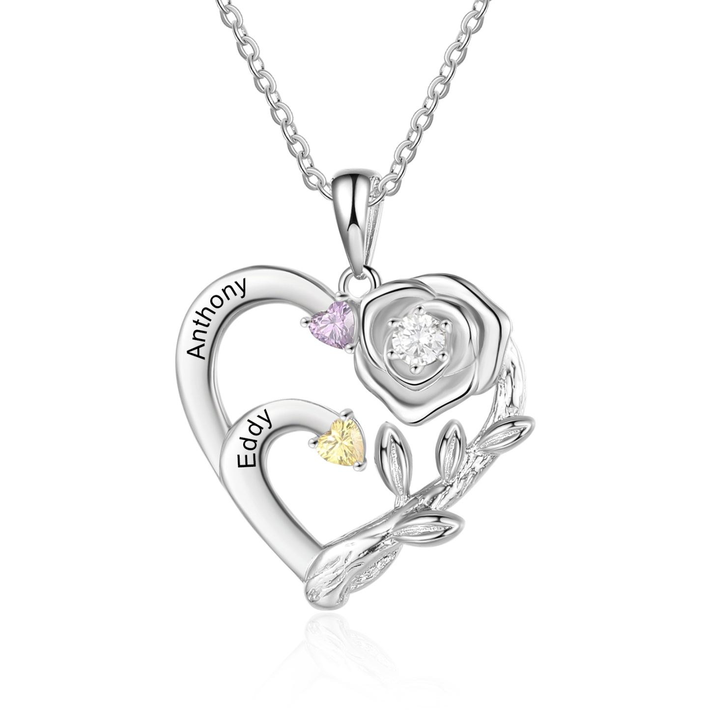 Personalized Mother Rose Intertwined Heart Pendant Necklace
