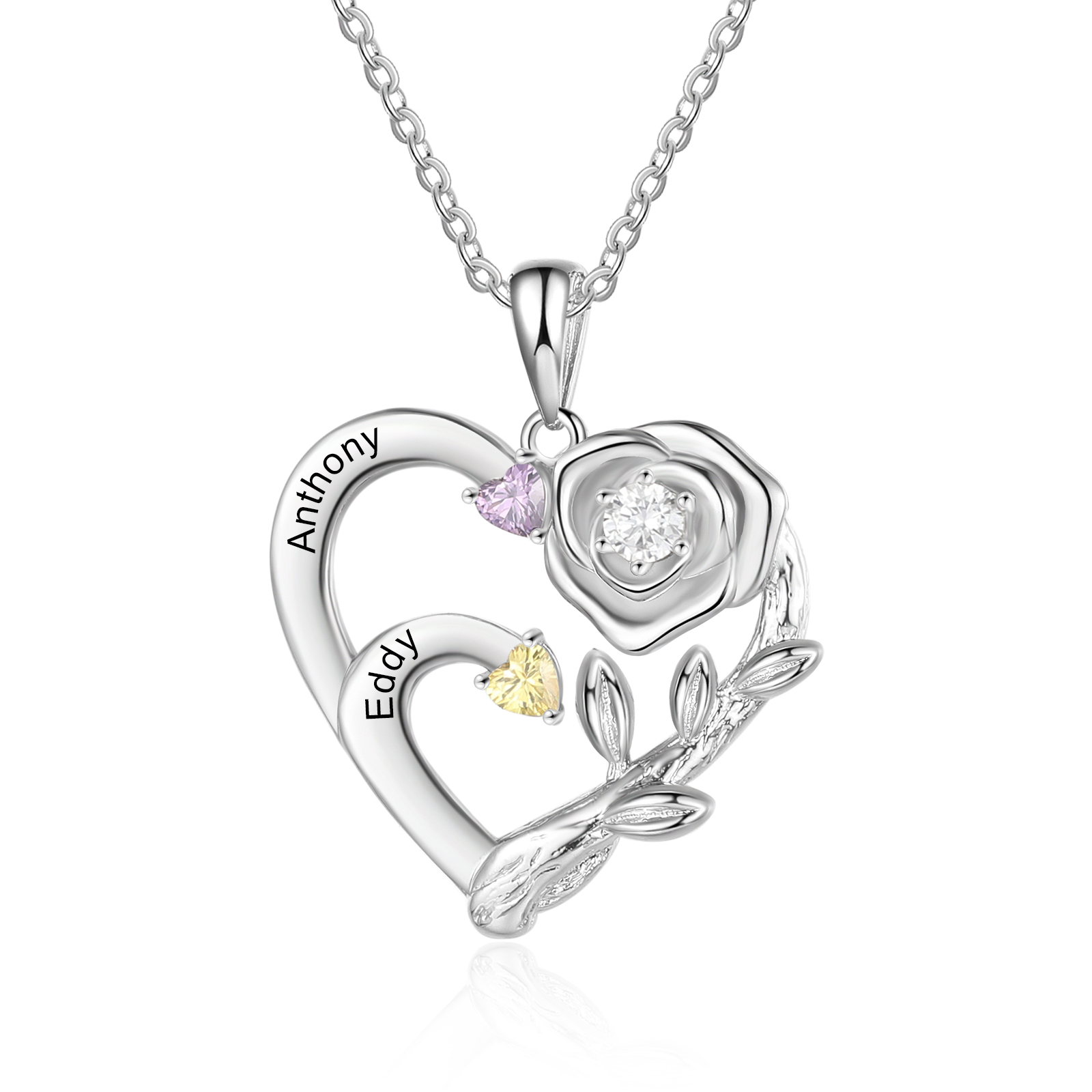 Personalized Mother Rose Intertwined Heart Pendant Necklace
