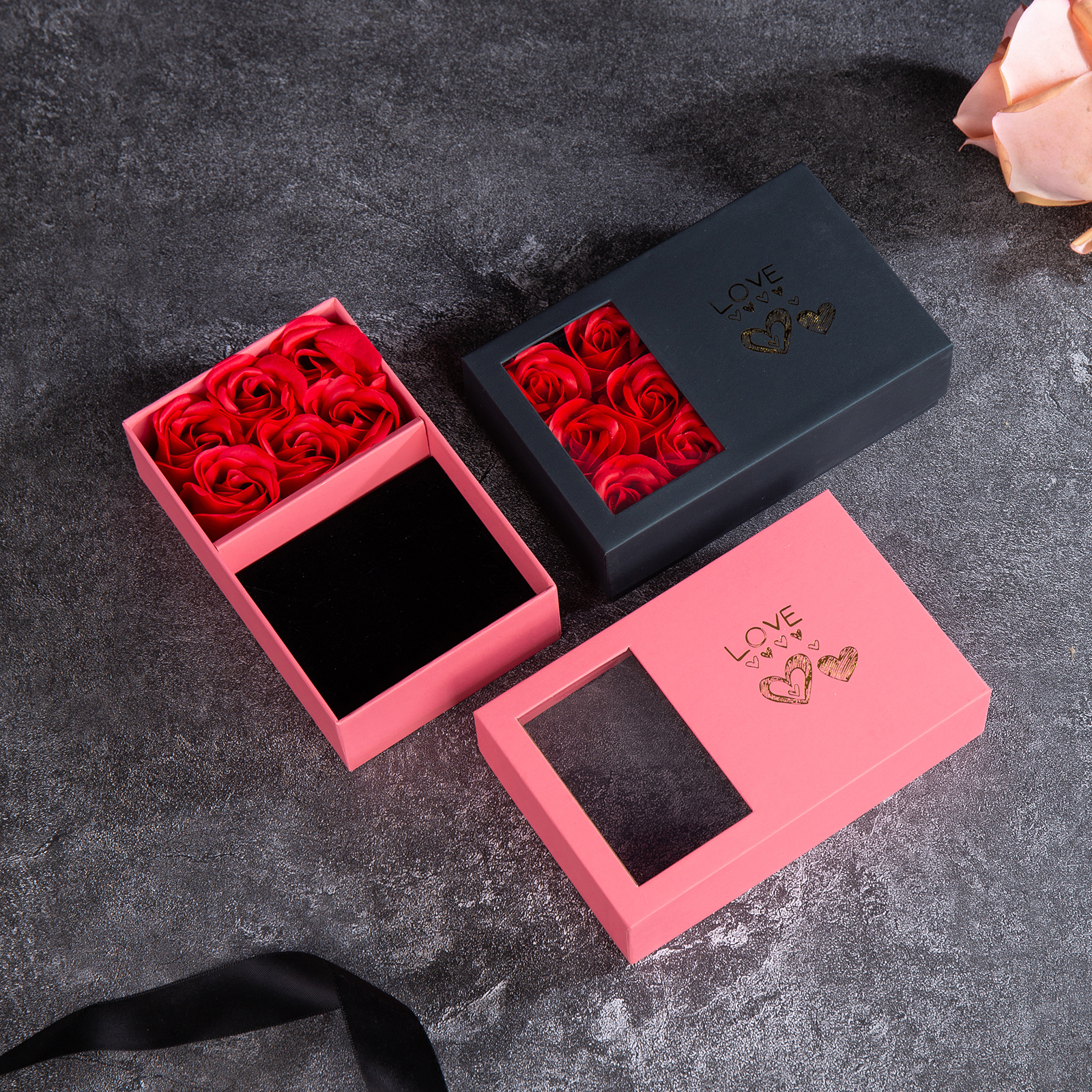Enchanted Rose Jewelry Box Gift Package Black Pink