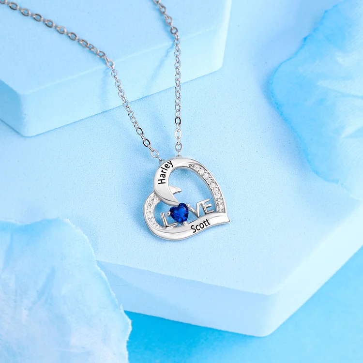 LOVE Heart Necklace For Women Personalized Necklace with Heart Birthstone Engraved Names Unique Wedding Gifts