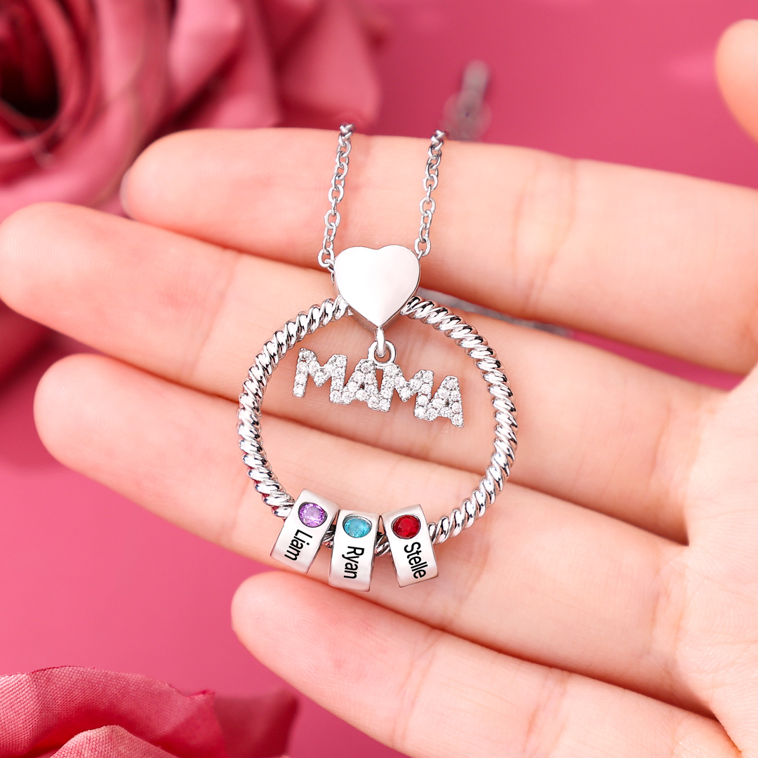 Personalized Circle Pendant Necklace Custom 1-8 Names & Birthstones Necklace