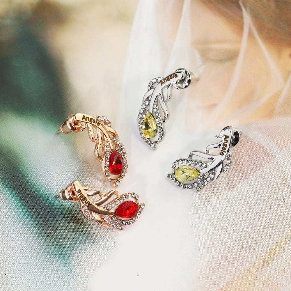 Mother's Day Gift Feather Shaped Custom Birthstone Earring