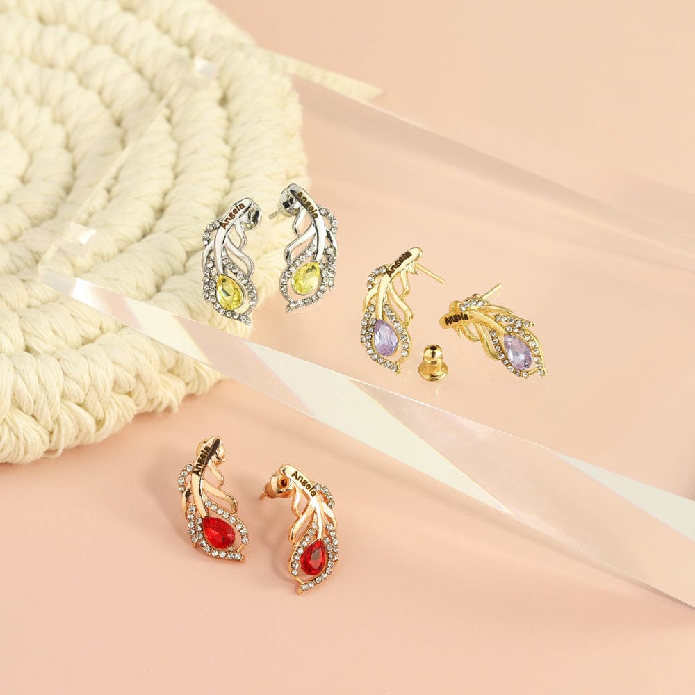 Mother's Day Gift Feather Shaped Custom Birthstone Earring